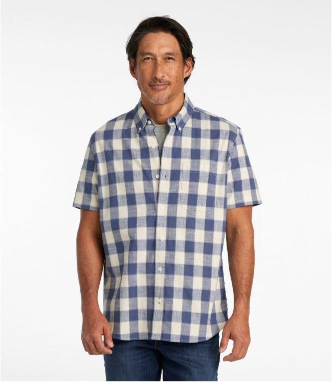 Men's Comfort Stretch Chambray Shirt, Slightly Fitted Untucked Fit, Short-Sleeve, Plaid