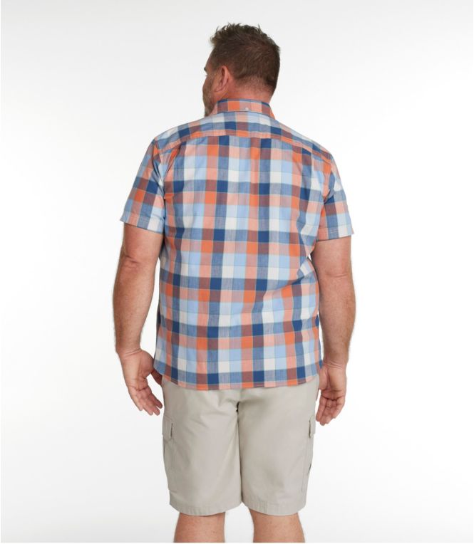 Men's Comfort Stretch Chambray Shirt, Slightly Fitted Untucked Fit, Short-Sleeve, Plaid