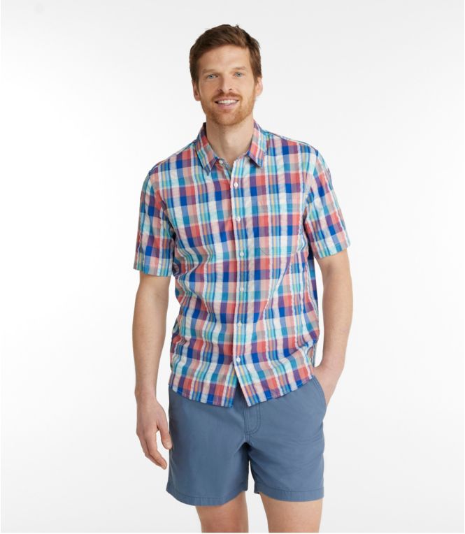 Men's Organic Cotton Seersucker Shirt, Short-Sleeve, Slightly Fitted, Plaid
