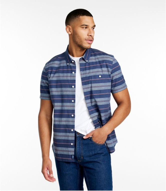 Men's Comfort Stretch Chambray Shirt, Slightly Fitted Untucked Fit, Short-Sleeve, Stripe