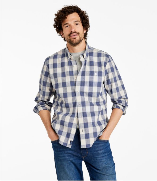 Men's Comfort Stretch Chambray Shirt, Long-Sleeve, Slightly Fitted Untucked Fit, Plaid
