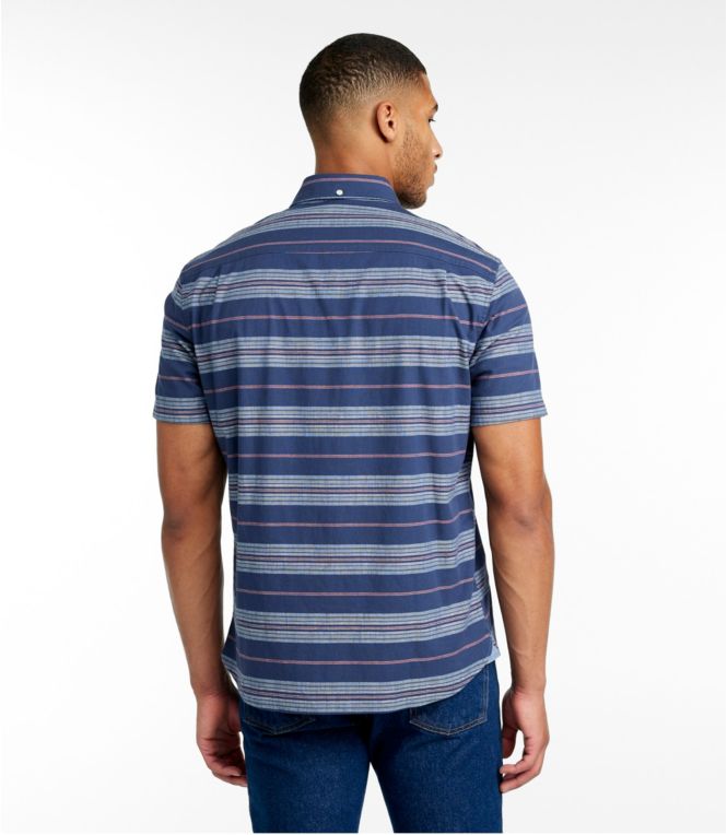 Men's Comfort Stretch Chambray Shirt, Slightly Fitted Untucked Fit, Short-Sleeve, Stripe