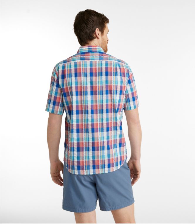 Men's Organic Cotton Seersucker Shirt, Short-Sleeve, Slightly Fitted, Plaid