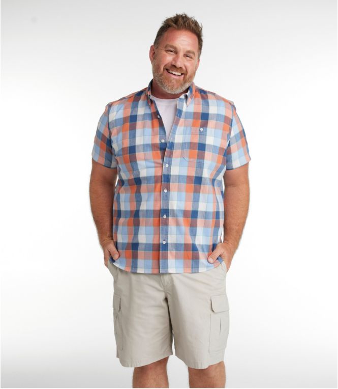 Men's Comfort Stretch Chambray Shirt, Slightly Fitted Untucked Fit, Short-Sleeve, Plaid