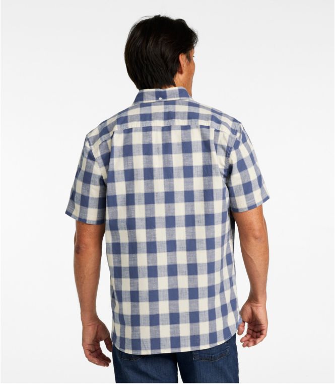 Men's Comfort Stretch Chambray Shirt, Slightly Fitted Untucked Fit, Short-Sleeve, Plaid