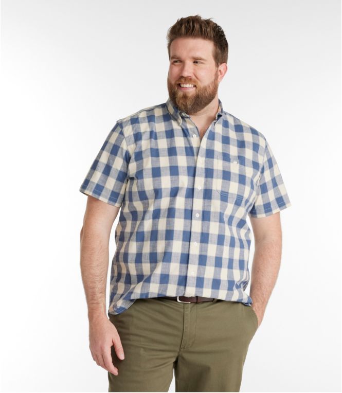 Men's Comfort Stretch Chambray Shirt, Traditional Untucked Fit, Short-Sleeve, Plaid