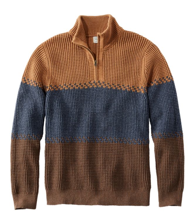 Men's Organic Cotton Waffle Sweater, Quarter Zip, Stripe