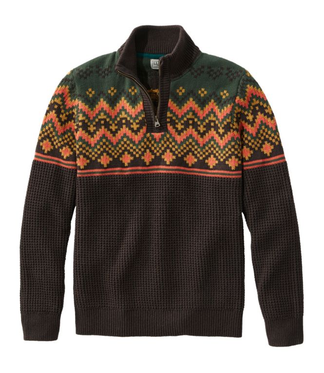 Men's L.L.Bean Organic Cotton Waffle Sweater, Quarter-Zip, Fair Isle