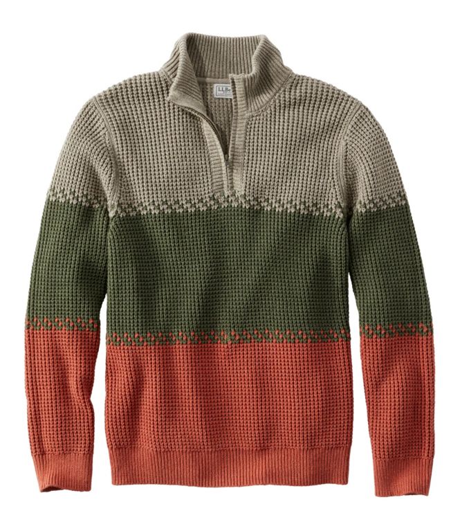 Men's Organic Cotton Waffle Sweater, Quarter Zip, Stripe