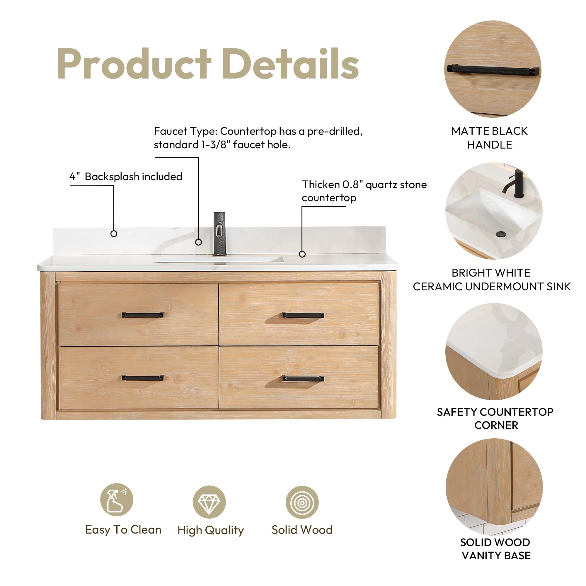 Cristo Floating Bath Vanity with White Quartz Stone Top and Mirror