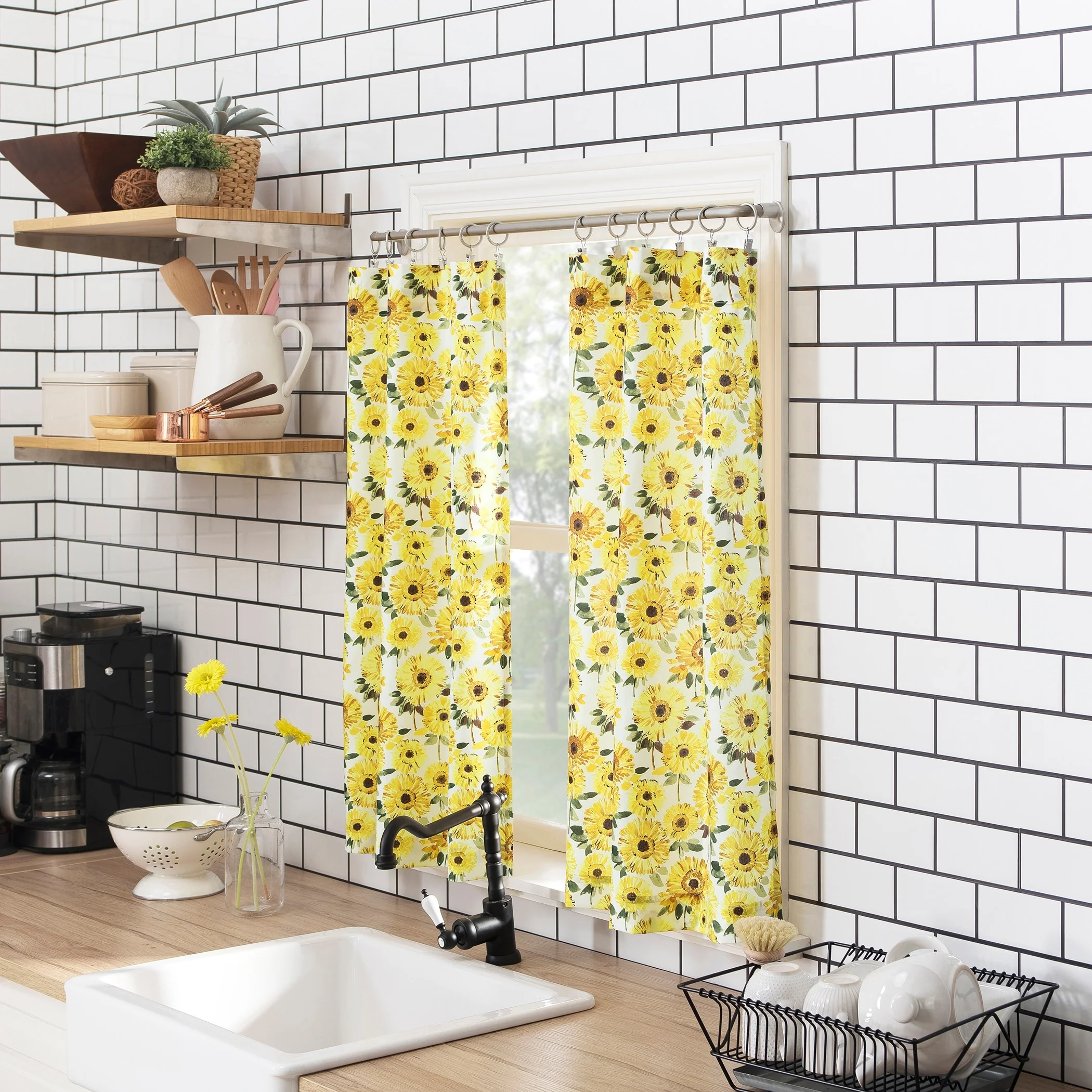 No. 918 Sunny Sunflower Print Semi-Sheer Rod Pocket Kitchen Curtain Valance and Tiers Set