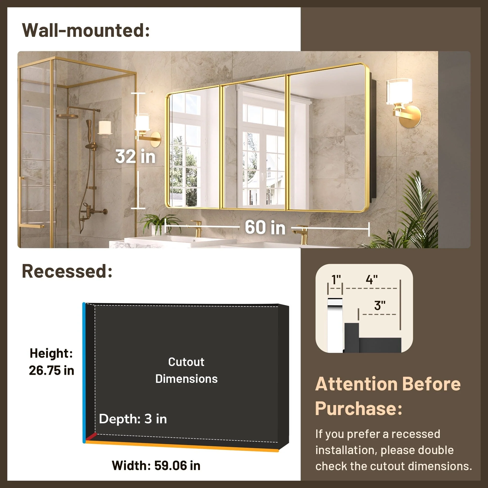 KEONJINN Medicine Cabinets for Bathroom with Mirror, Stainless Steel 1-3 Framed Doors