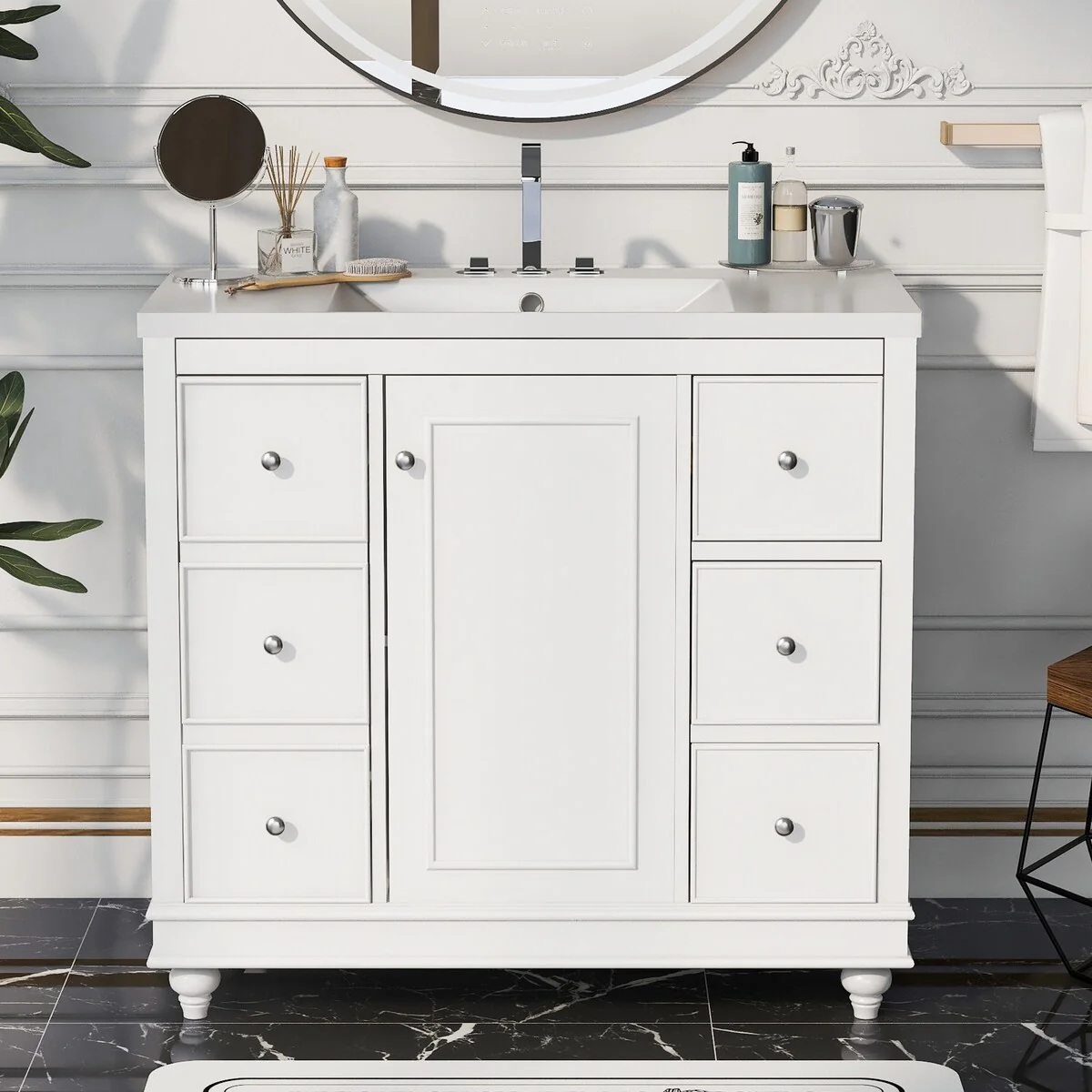36 in. W Freestanding Bath Vanity with White Resin Sink,4 Drawers and 1 Door