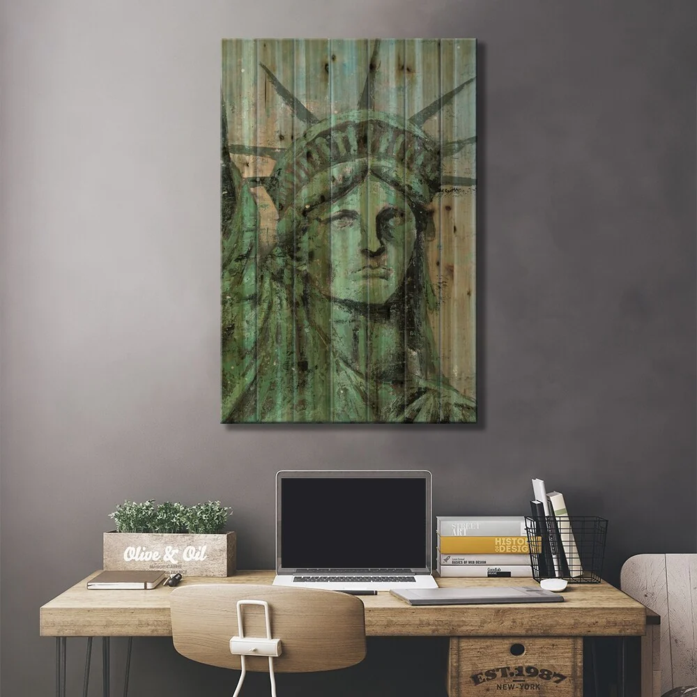 Statue Of Liberty Portrait Print On Wood by Marie Elaine Cusson - Multi-Color