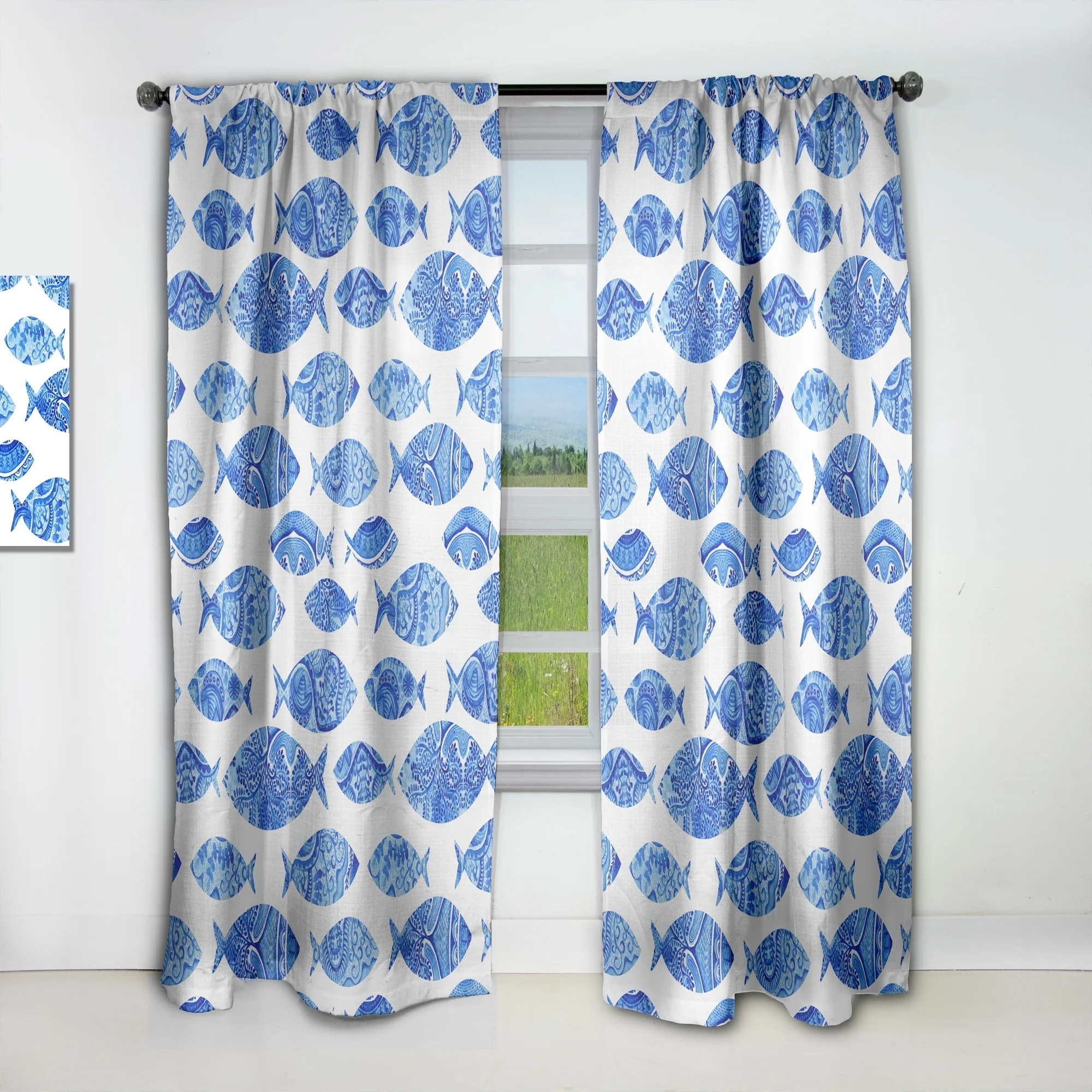 Designart 'Seamless pattern with fishes' Nautical Blackout Curtain Single Panel