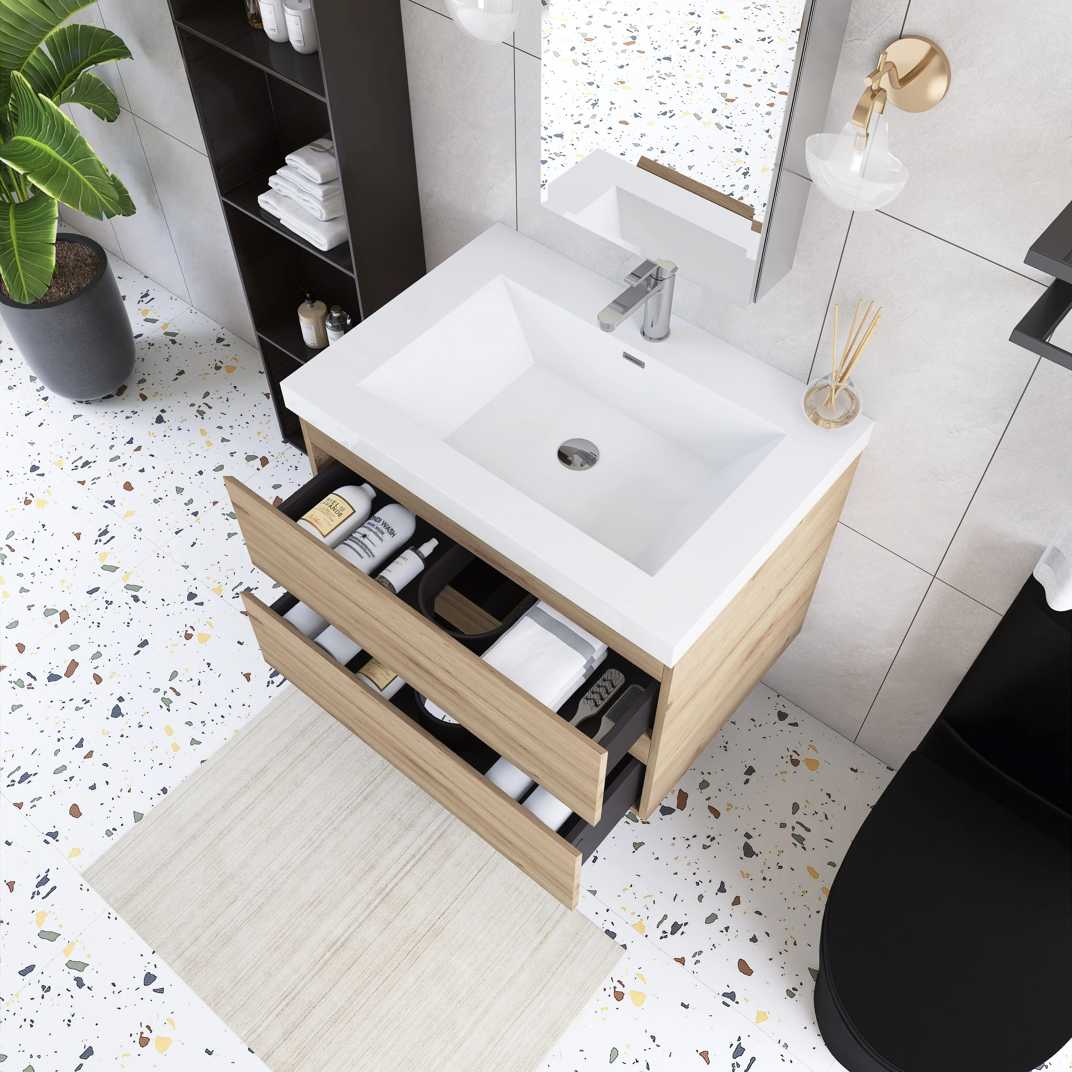 Angela Wall Mounted Bathroom Vanity in F. Oak with White Cultured Marble Top