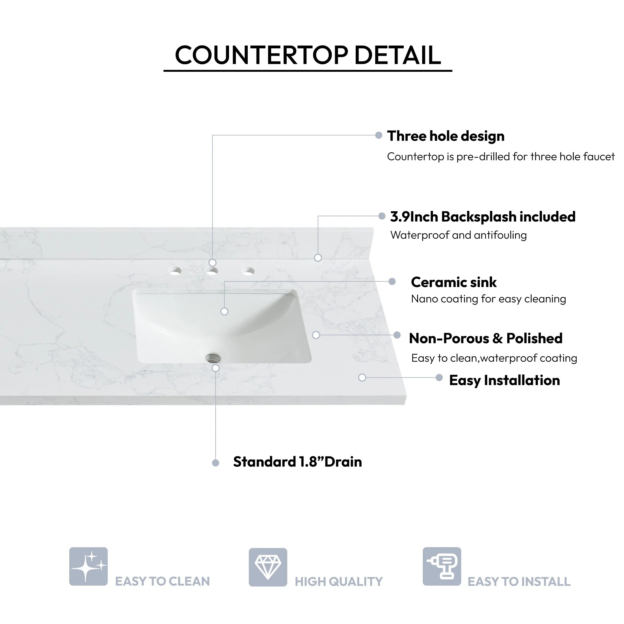 Jaen Composite Stone Vanity Top with White Rectangular Sink