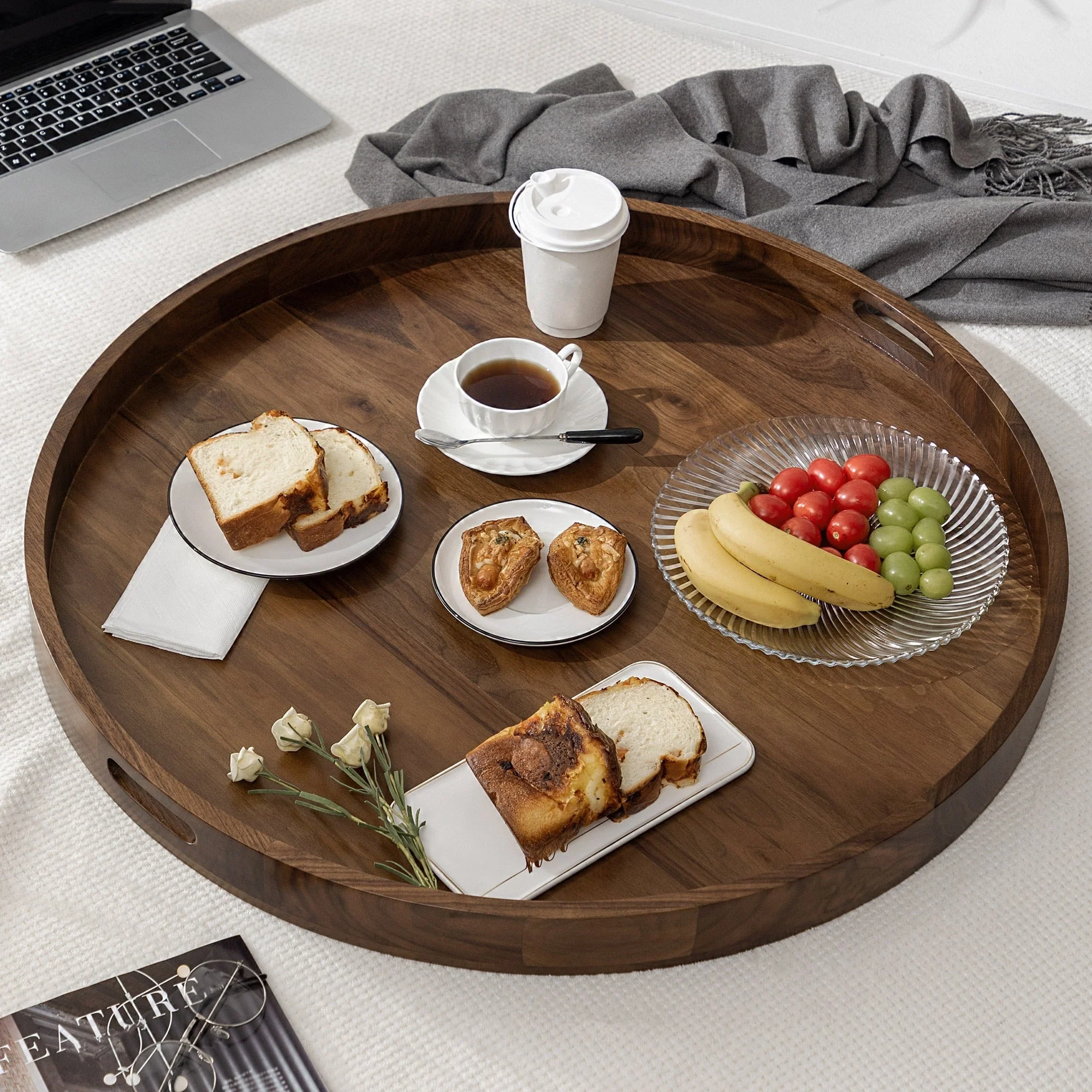 KINWELL Round Black Walnut Wood Serving Tray Ottoman Tray with Handles