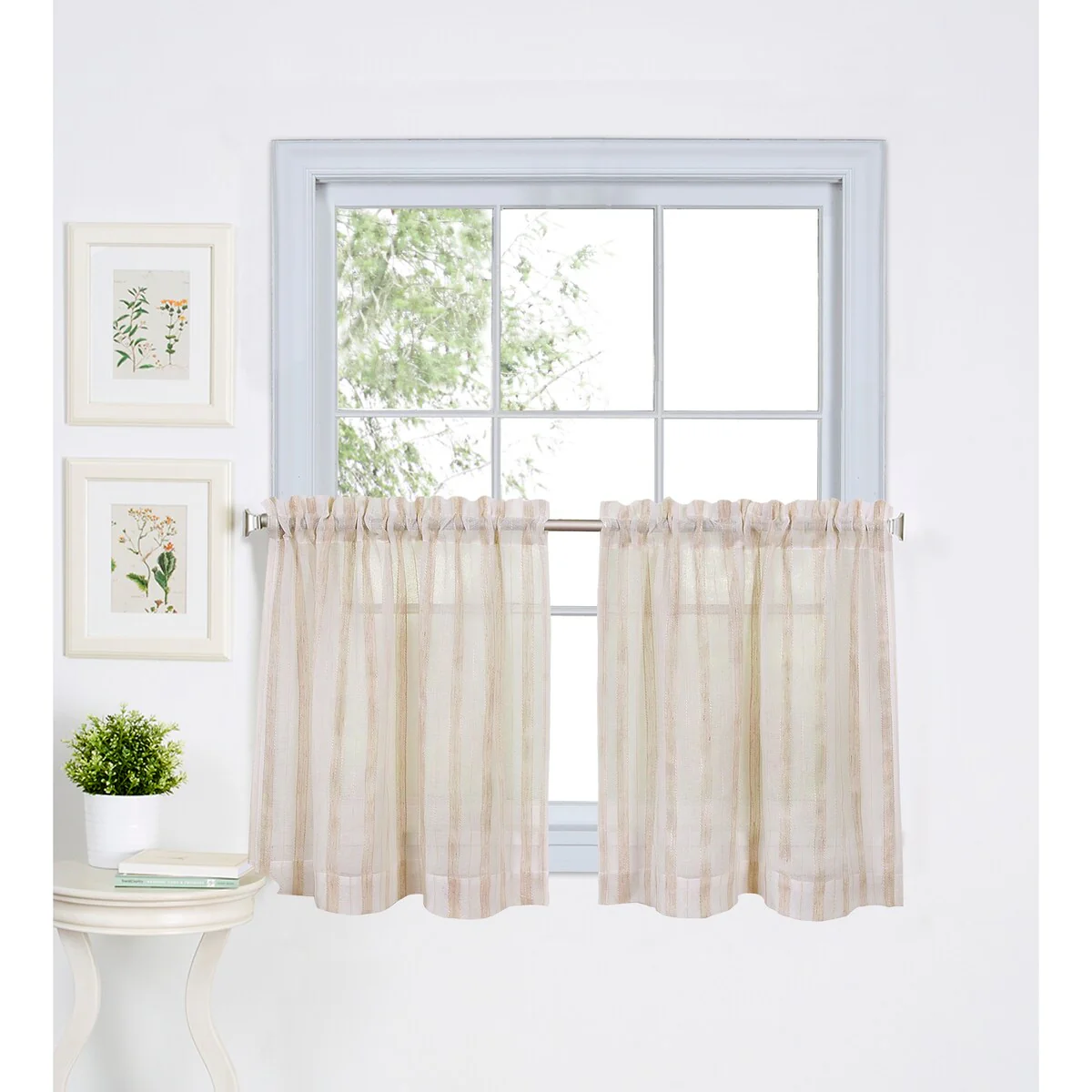 Elrene Linen Stripe Rod Pocket Sheer Kitchen Curtain Tier Set of Two