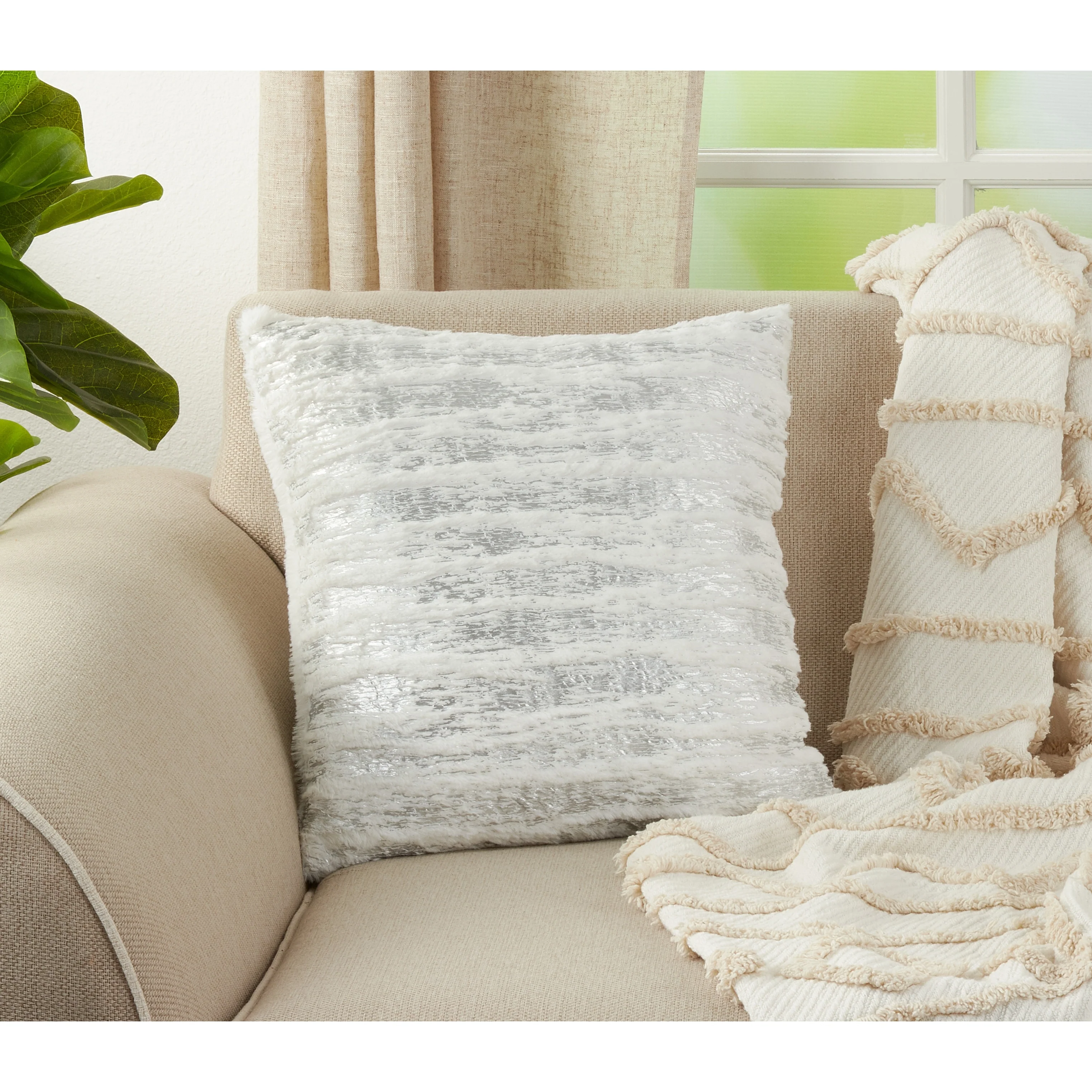 Faux Fur With Brushed Metallic Foil Print Down Filled Throw Pillow