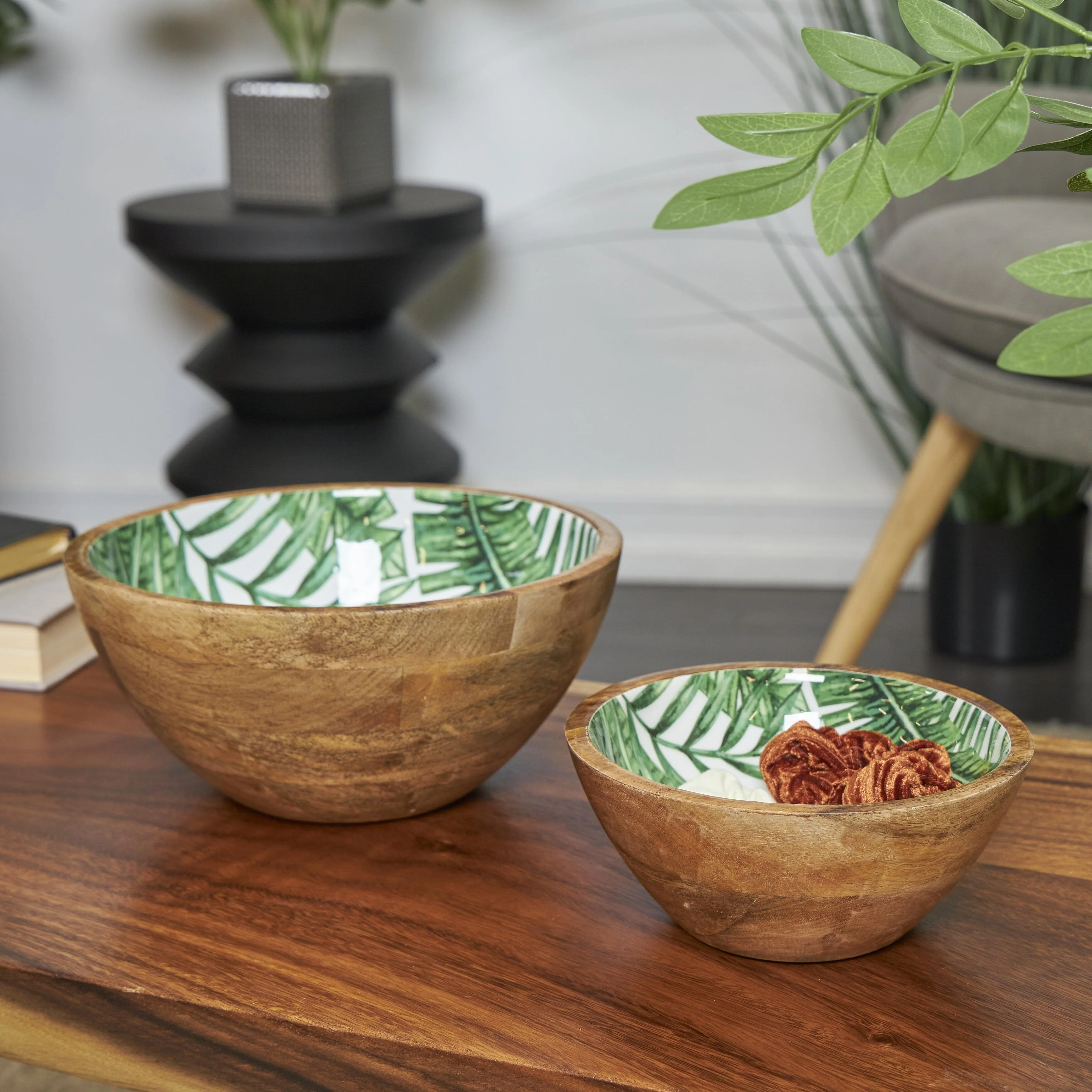 Mango Wood Handmade Nesting Decorative Bowl - Set of 2 Green - Roche River Decor