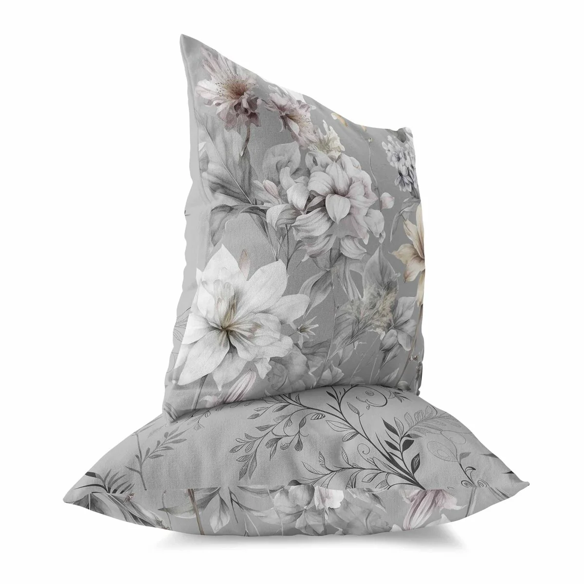Grey And White Wildflower Whimsy Faux Suede Throw Pillow Zipper