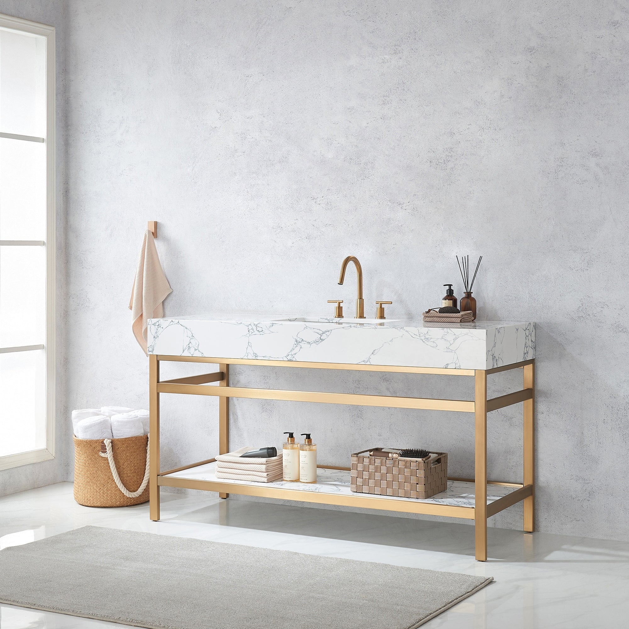 Ecija Bath Vanity, Metal Support with Composite Stone Top, no Mirror