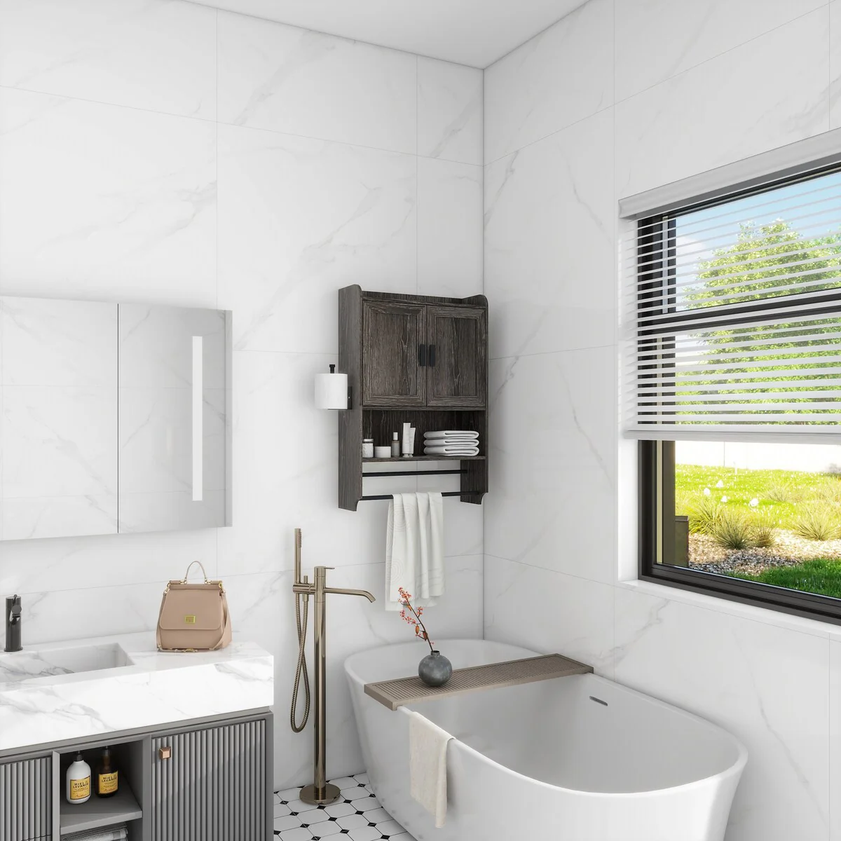 Bathroom Wall Cabinet with Doors,Adjustable Shelf,Towel Bar and Paper Holder,Over The Toilet Storage Cabinet,Medicine Cabinet