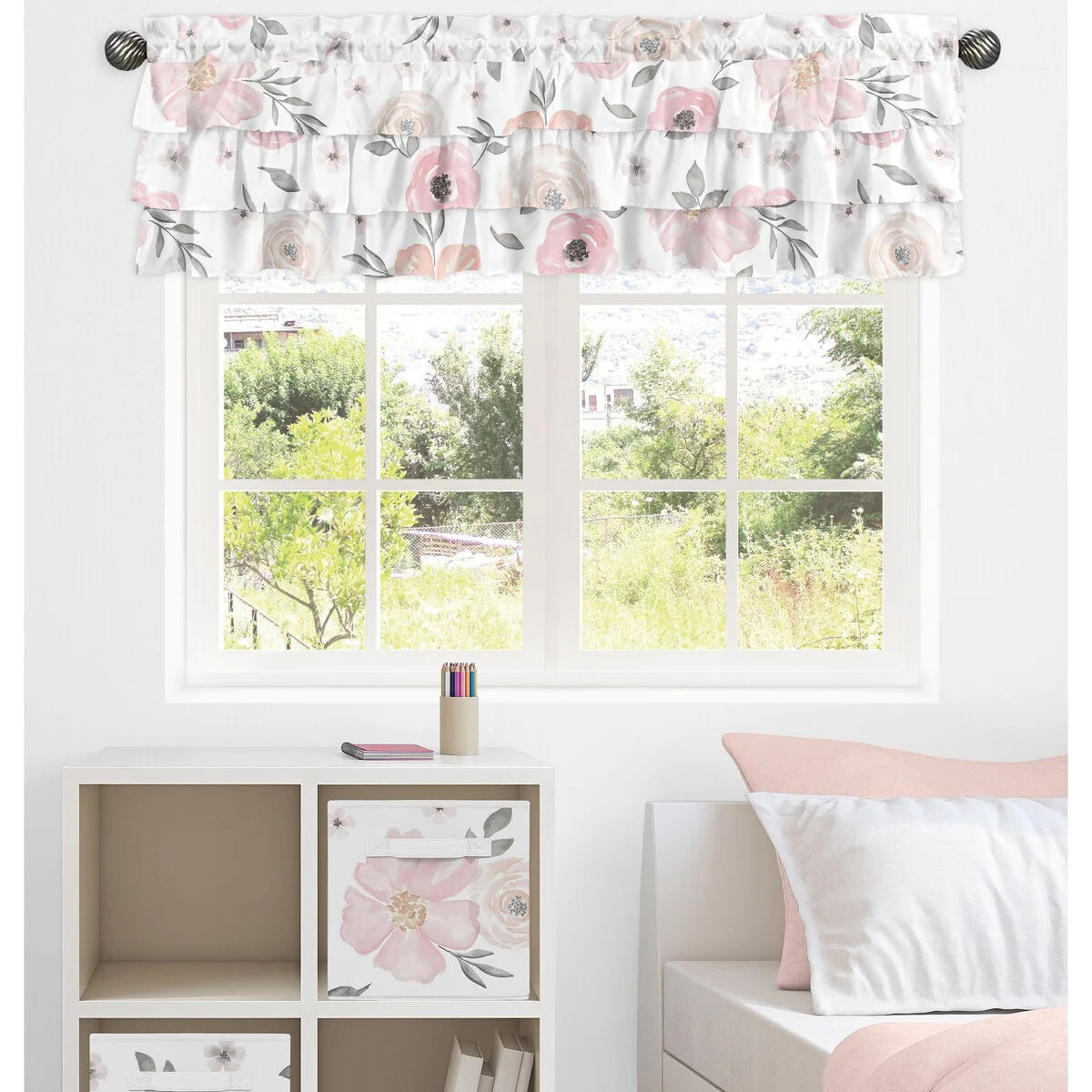 Pink and Grey Watercolor Floral Window Curtain Valance - Blush Gray White Shabby Chic Rose Flower Polka Dot Tiered Ruffled