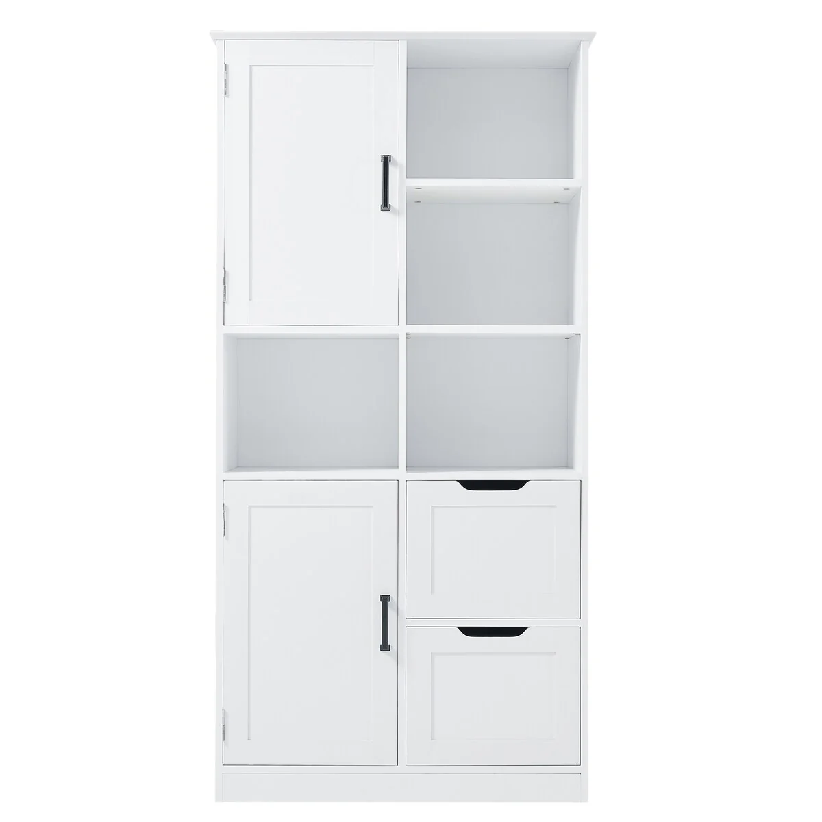 31 in. W x 16 in. D x 62 in. H White Linen Cabinet with Open Shelves and Drawers