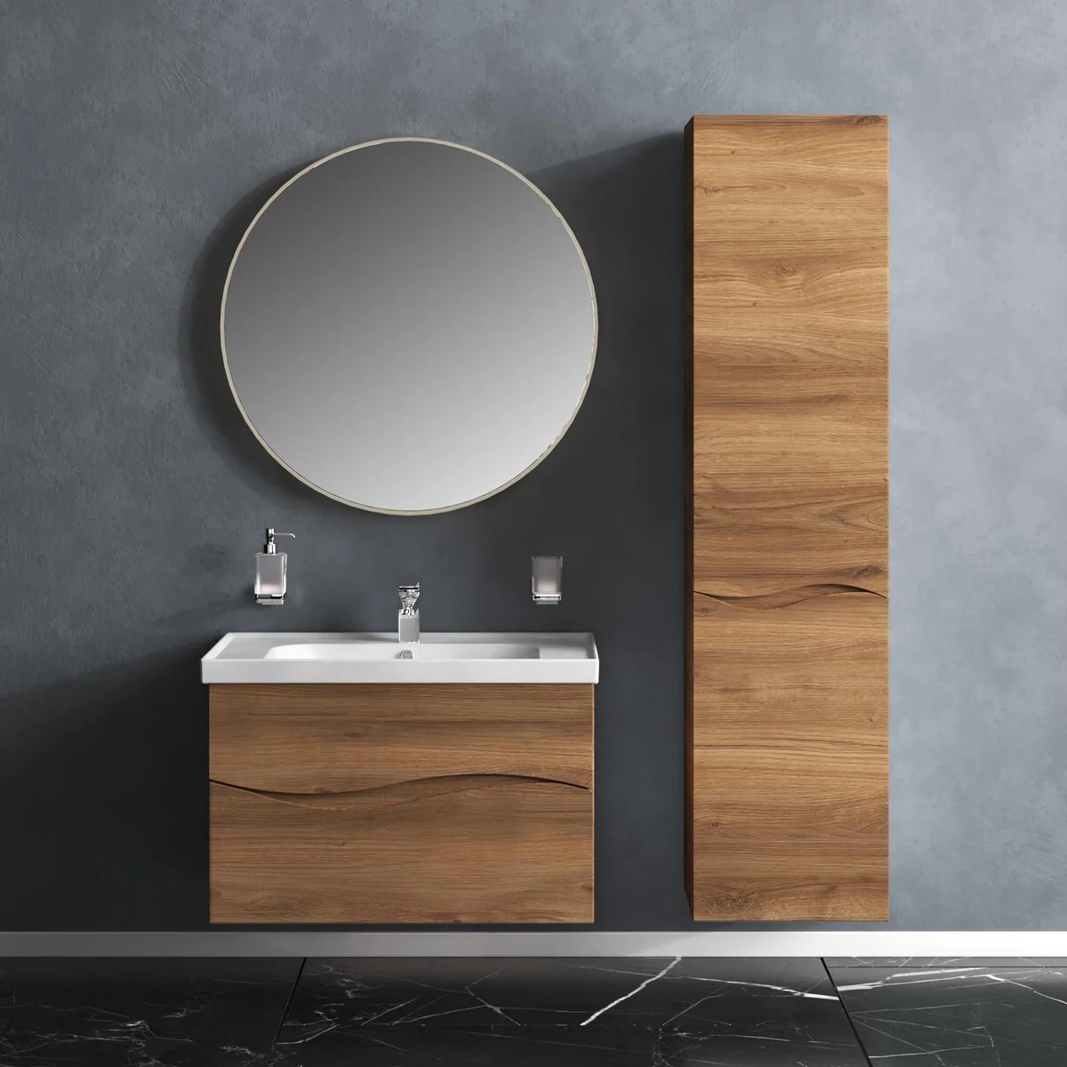 Modern Wall-Mounted Bathroom Vanity with Washbasin Wave Teak Natural Non-Toxic MDF-26