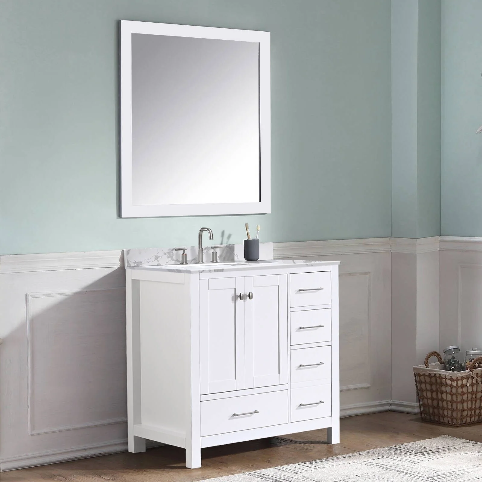 Prismatica 36 in. White Vanity with Countertop & Splash, Left Sink