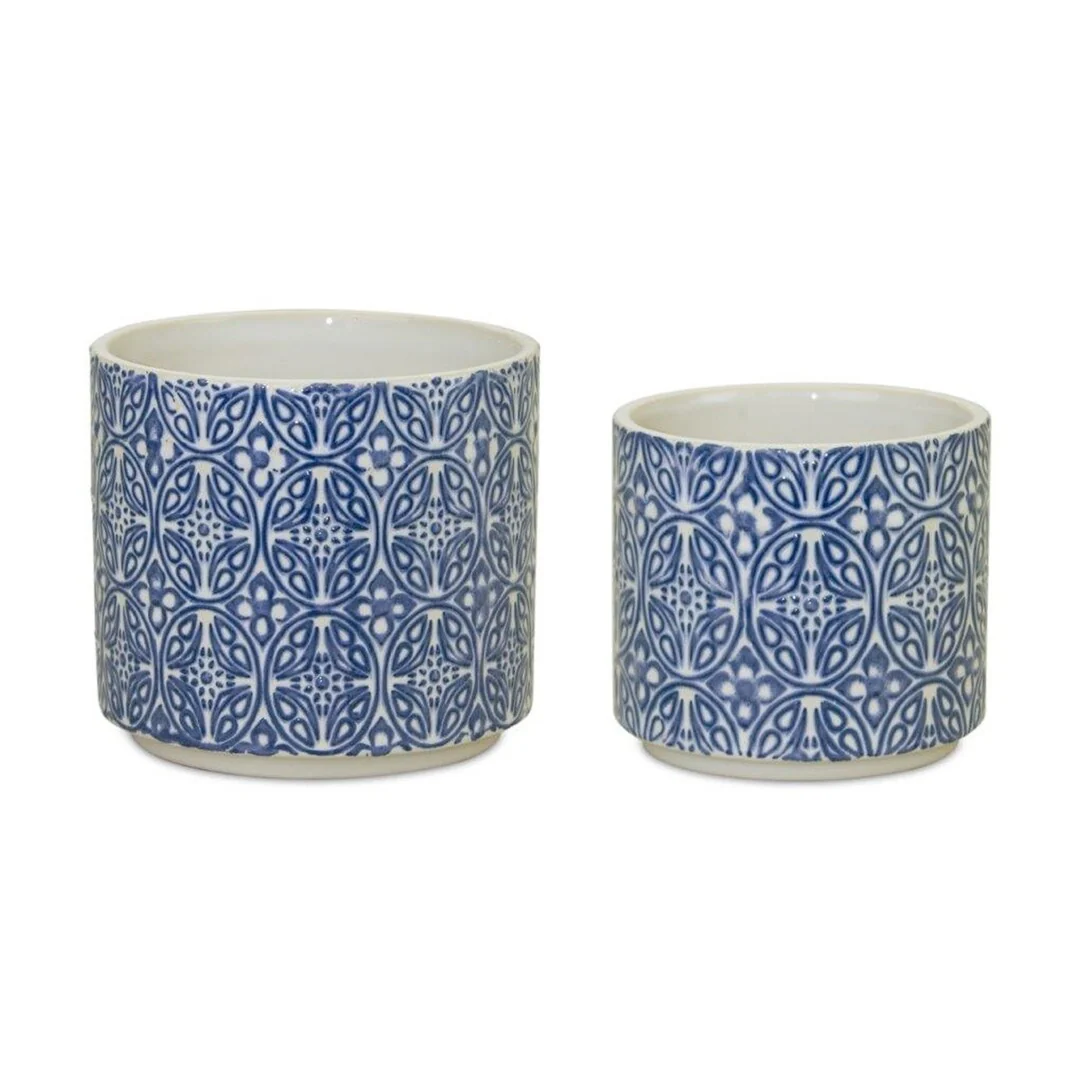 HomeRoots Set of Two Blue And White Ceramic Medallion 3 Ounce Round Pot Planters - 5' X '4.75' X '5