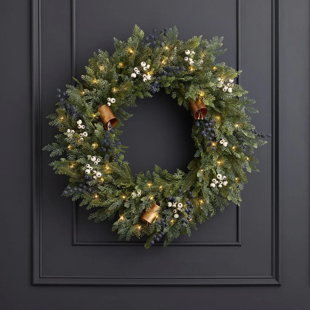Mixed Mica Foliage with Blueberries and Harmony Bells 30in Wreath Pre-Lit with 35 LED Fairy Lights B/O
