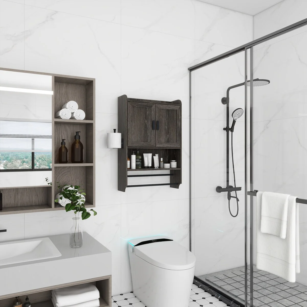 Bathroom Wall Cabinet with Doors,Adjustable Shelf,Towel Bar and Paper Holder,Over The Toilet Storage Cabinet,Medicine Cabinet