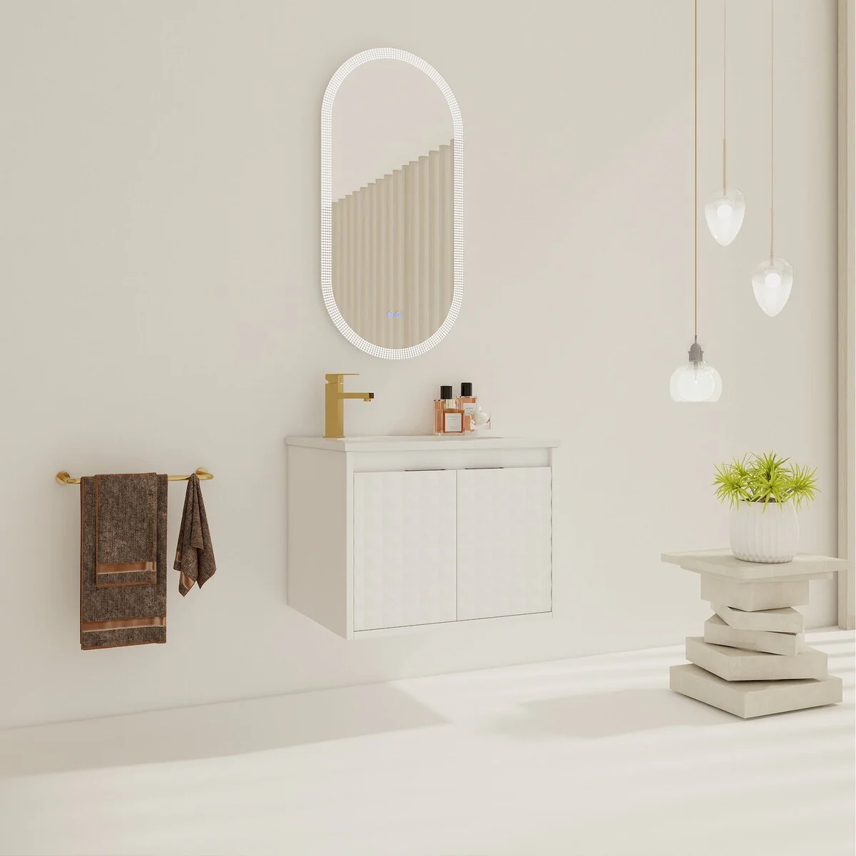 24/ 48 inch Wall Mounted Bathroom Vanity Set in White with Integrated Resin Sink