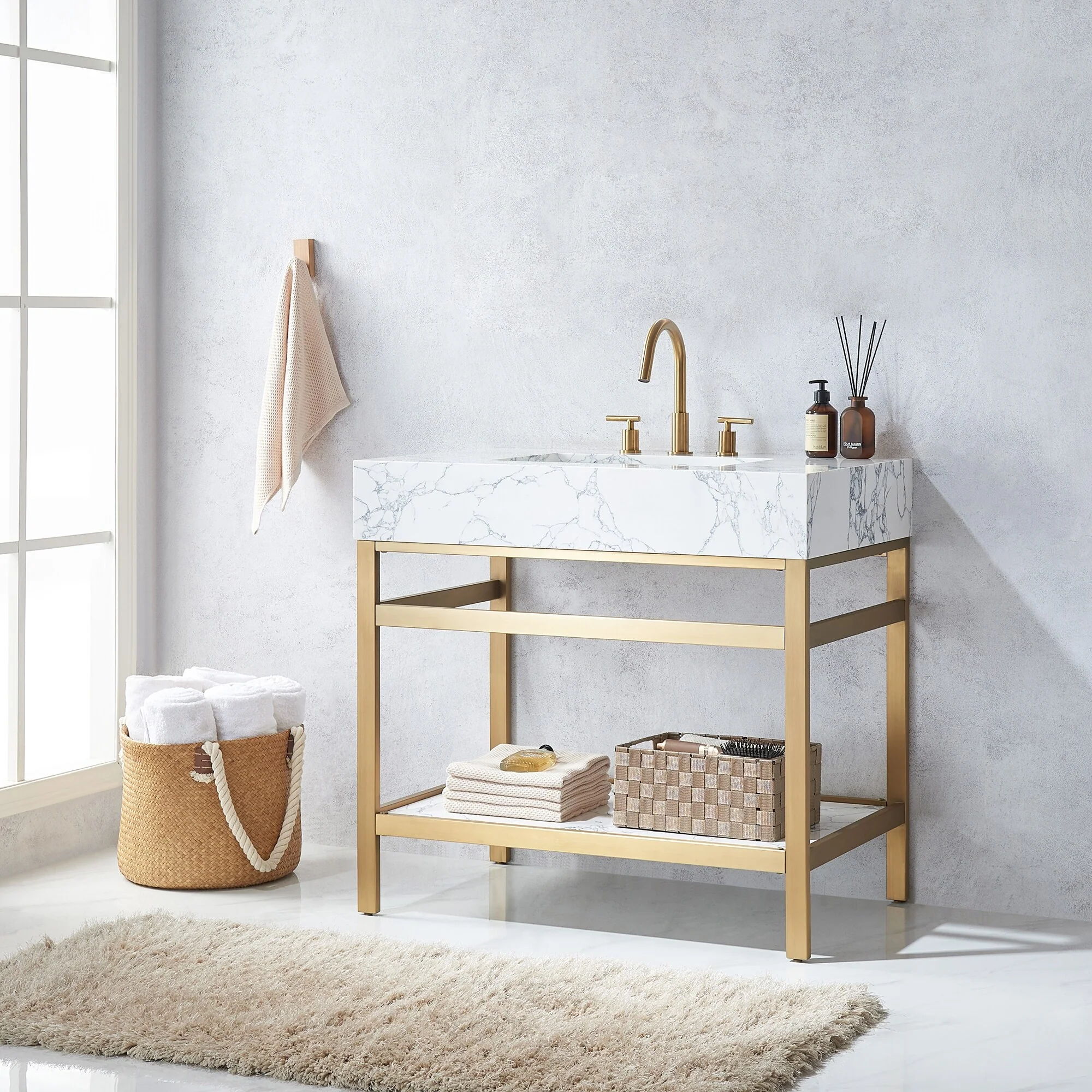 Ecija Bath Vanity, Metal Support with Composite Stone Top, no Mirror