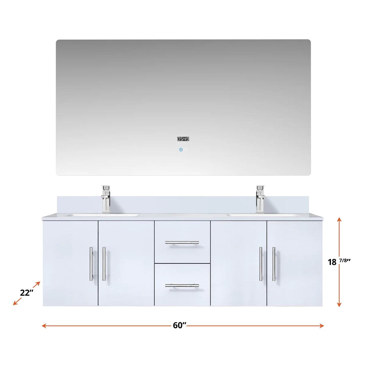 Geneva 60 in. W x 22 in. D Dark Grey Double Bath Vanity, White Quartz Top, Faucet Set, and 60 in. LED Mirror