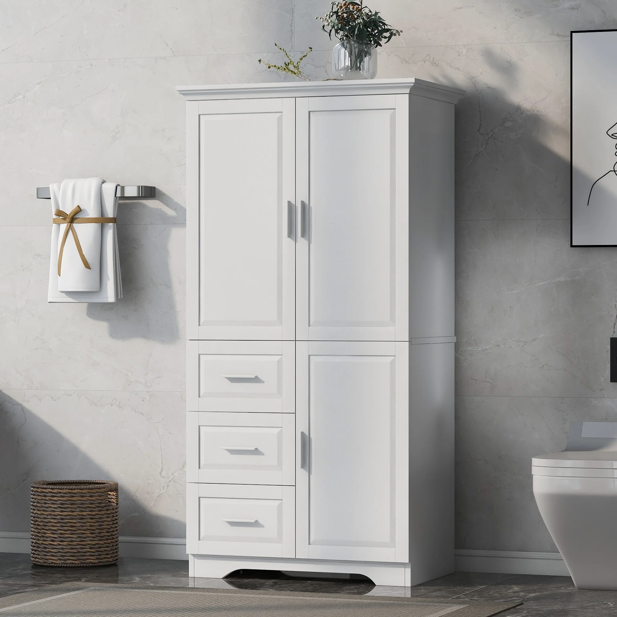 Tall and Wide Storage Cabinet with Doors,Three Drawers