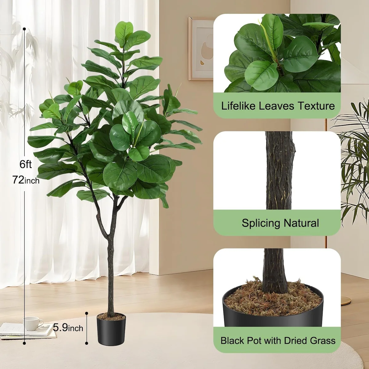 6ft Artificial Fiddle Leaf Fig Tree - 6 FT