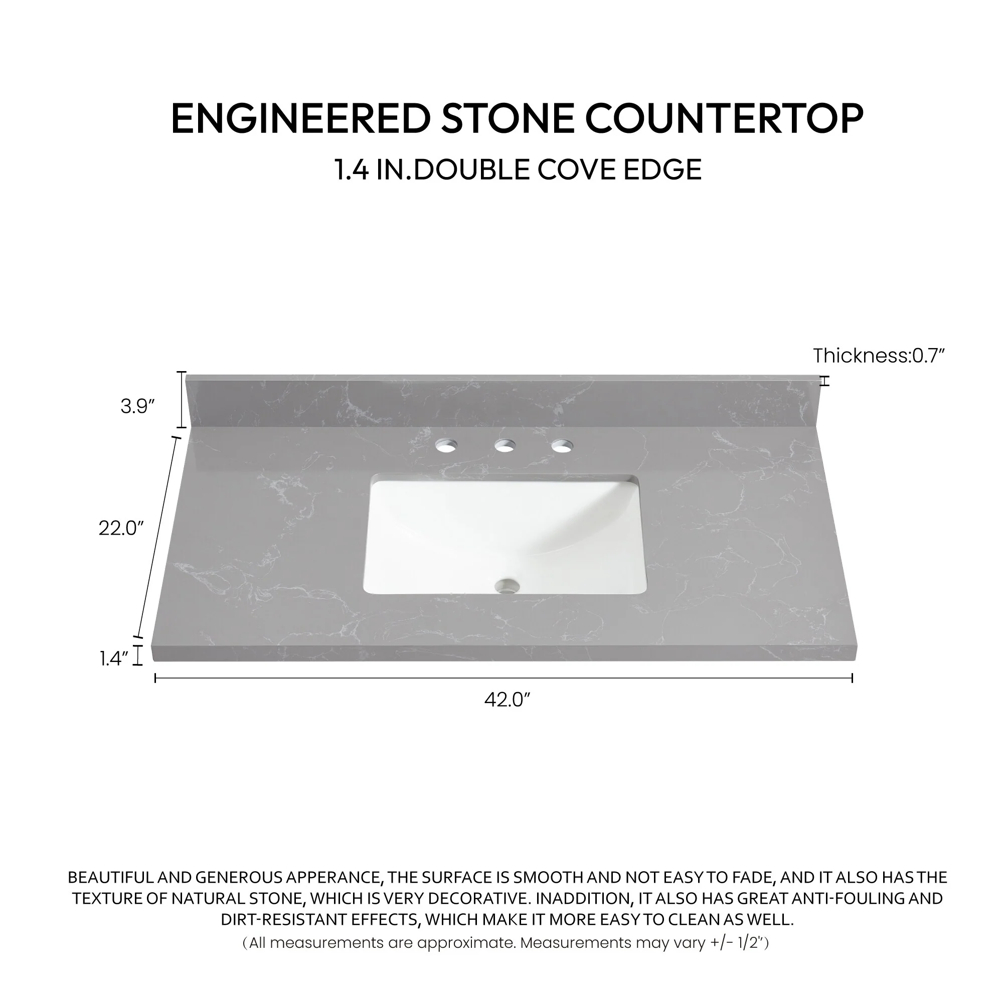 Jaen Composite Stone Vanity Top with White Rectangular Sink