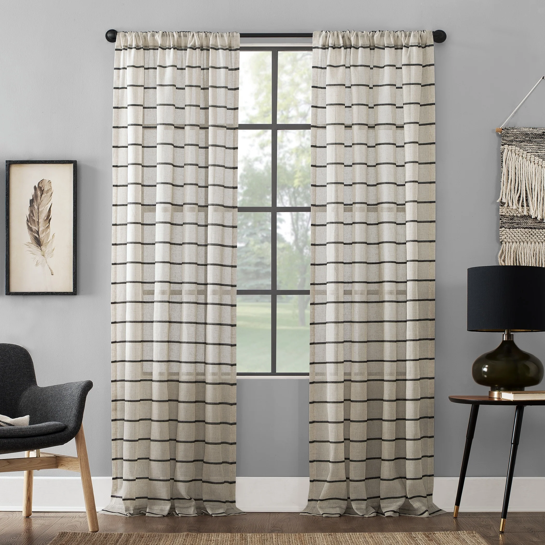 Clean Window Twill Stripe Anti-Dust Linen Blend Sheer Curtain Panel, Single Panel