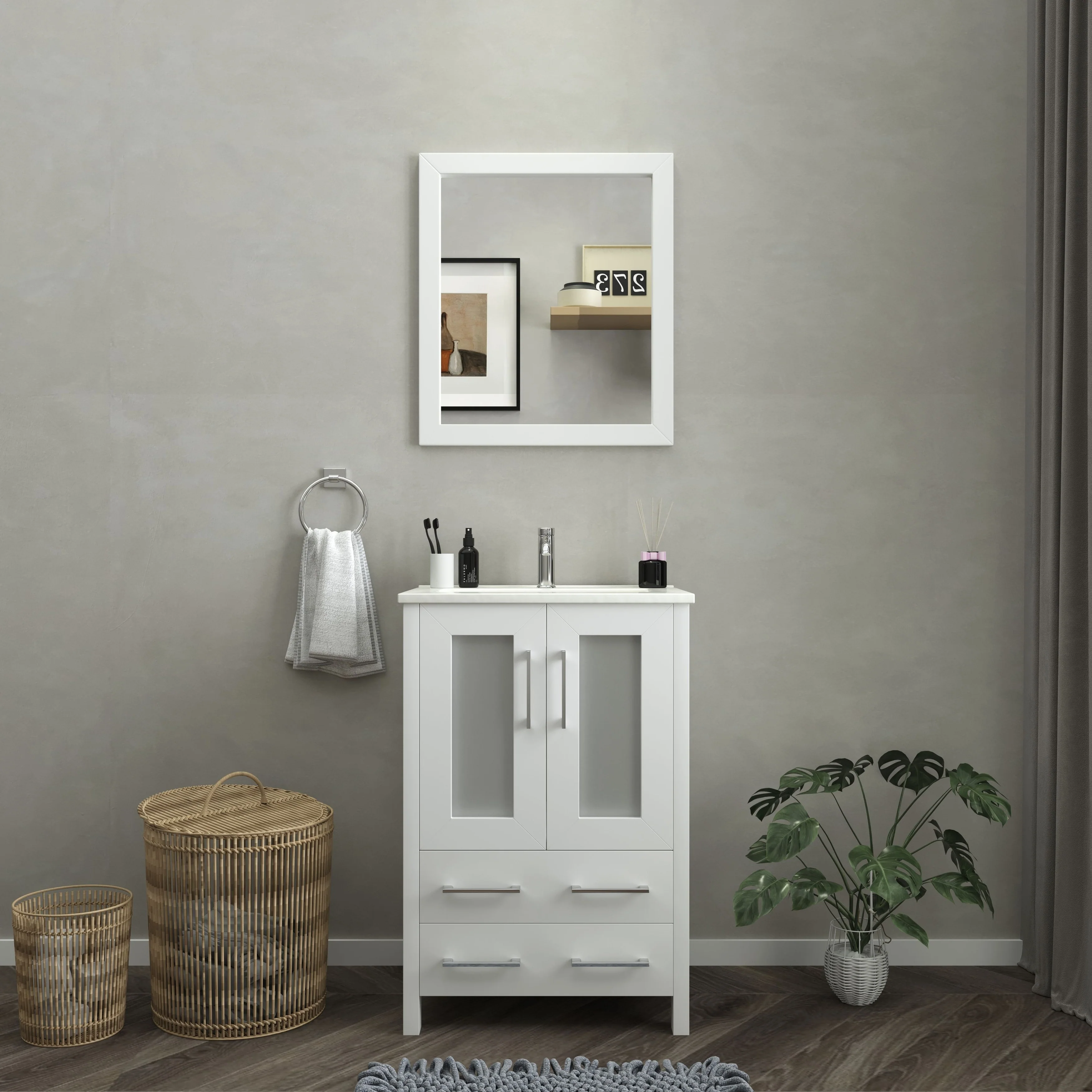 Vanity Art 24-Inch Single Sink Bathroom Vanity Set 2 Drawers, 1 Cabinet, 1 Shelf, Soft-Closing Doors with Free Mirror