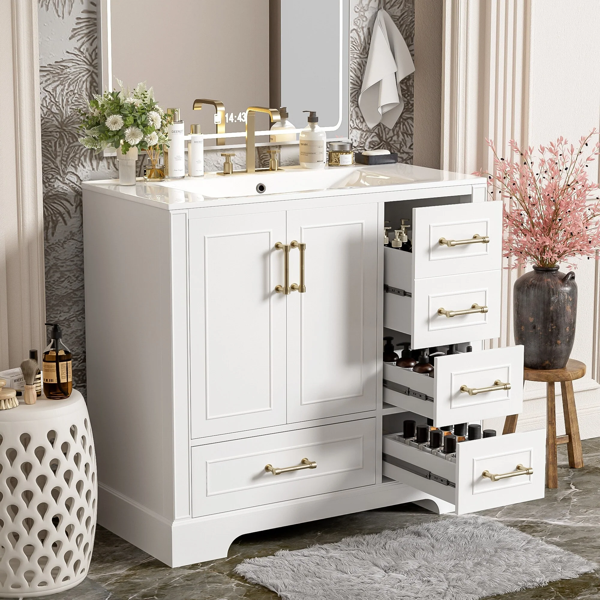 Bathroom Vanity with Resin Sink, Bathroom Vanity Set with 4 Drawers, Bathroom Storage Cabinet with 2 Soft Close Doors