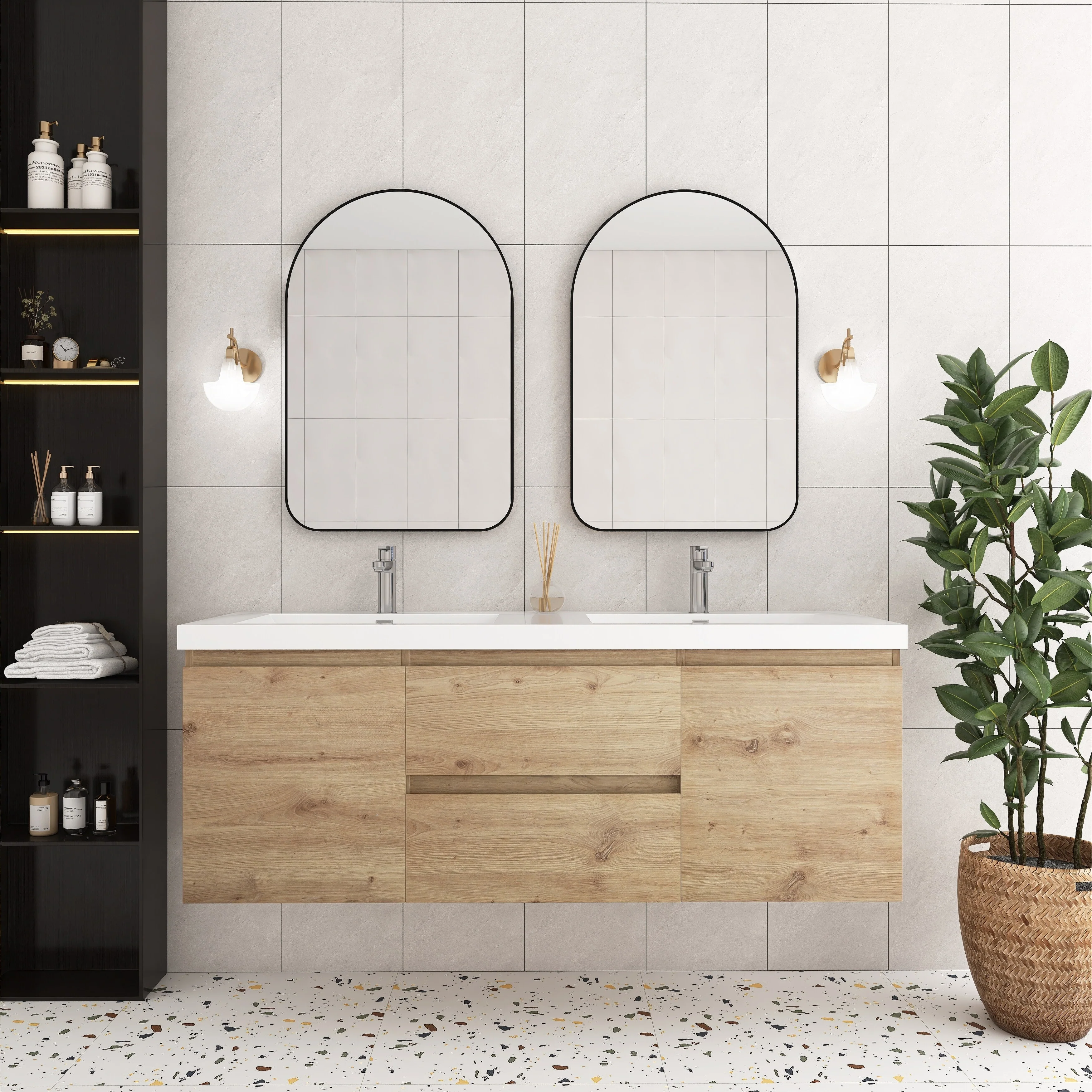 Angela Wall Mounted Bathroom Vanity in F. Oak with White Cultured Marble Top