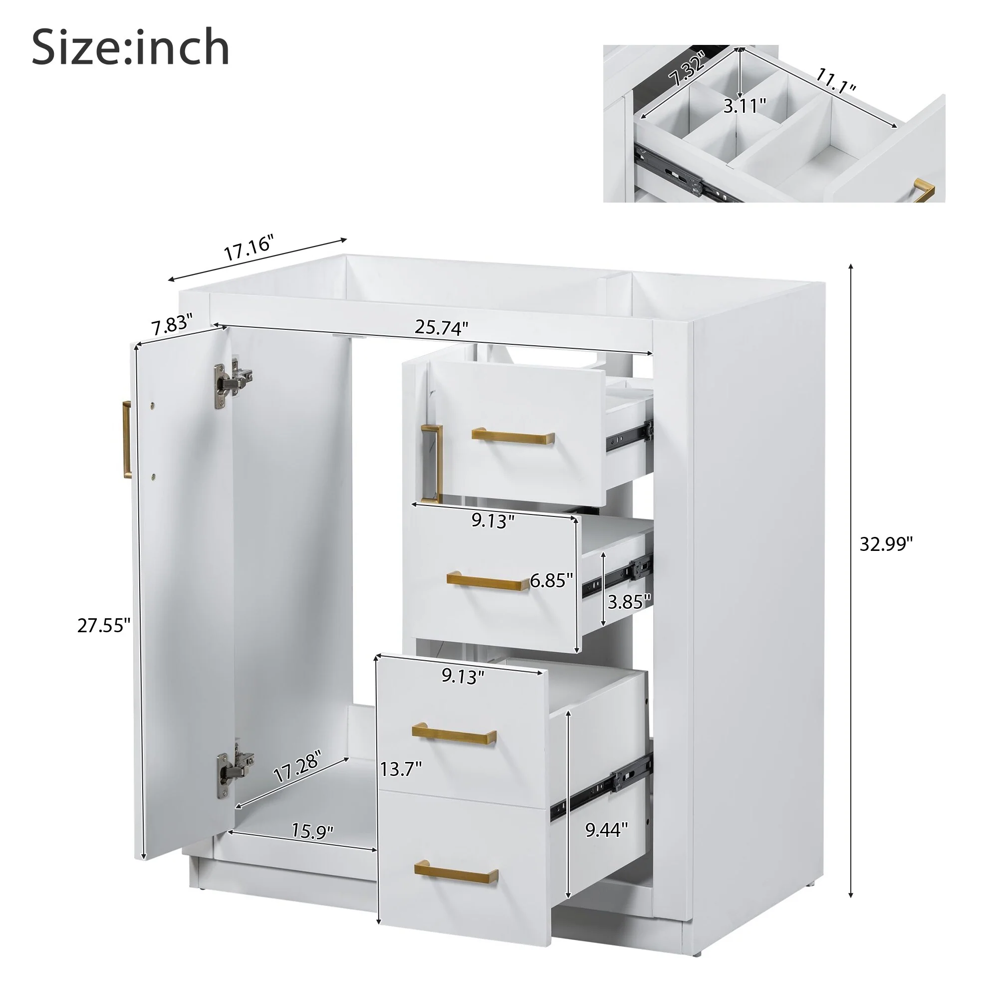 30'' Bathroom Vanity with Storage Cabinet and 3 Drawers