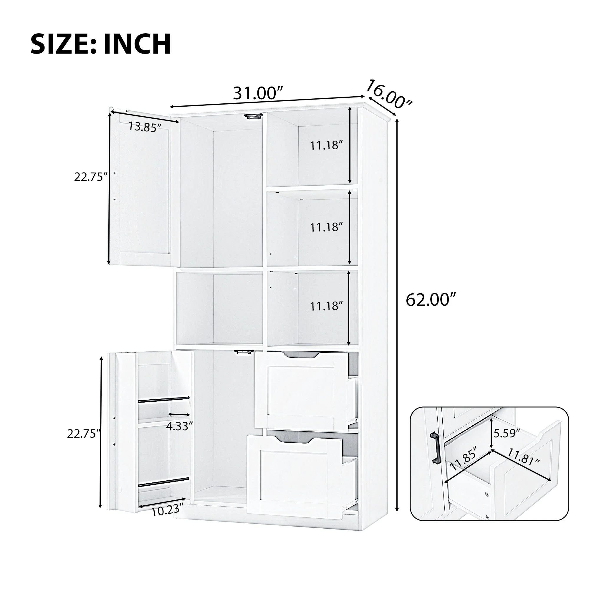Bathroom Storage Cabinet with 2 Doors, 2 Drawers, Open Shelve & Adjustable Shelf