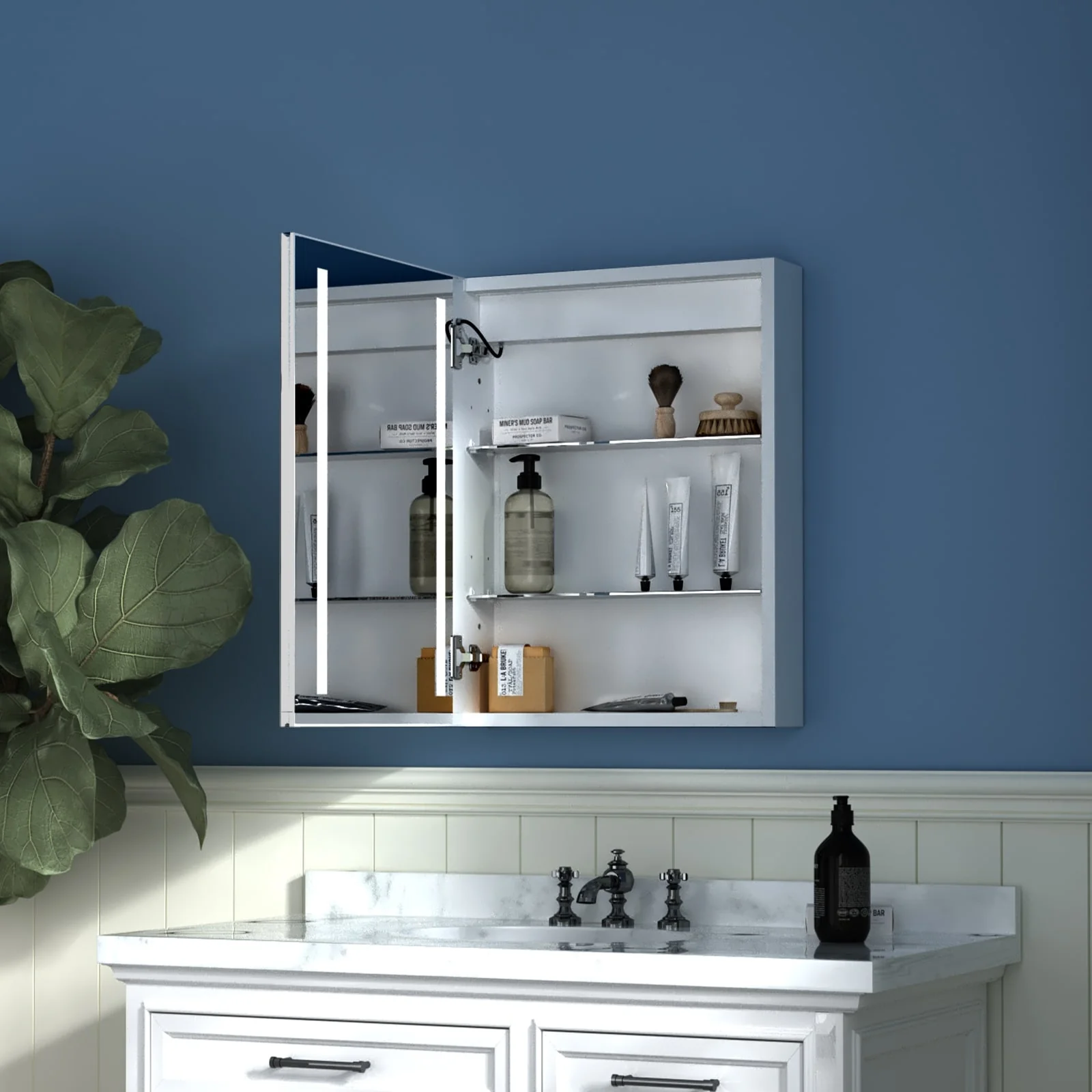 ExBrite 3 Touch Switch LED Lighted Bathroom Medicine Cabinet with Mirror, Recessed or Surface Mount, Defog, Stepless Dimming