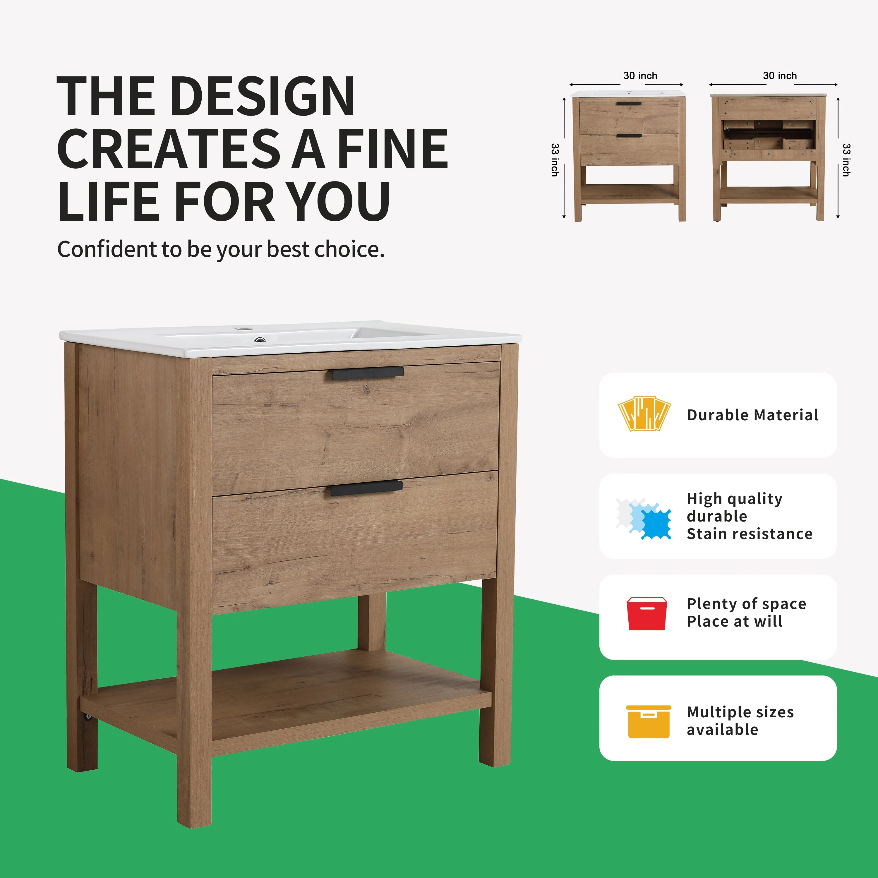 BNK 30/36 Inch Bathroom Vanity With Single Sink,Modern Bathroom Vanities With Soft Close Drawer And Shelf