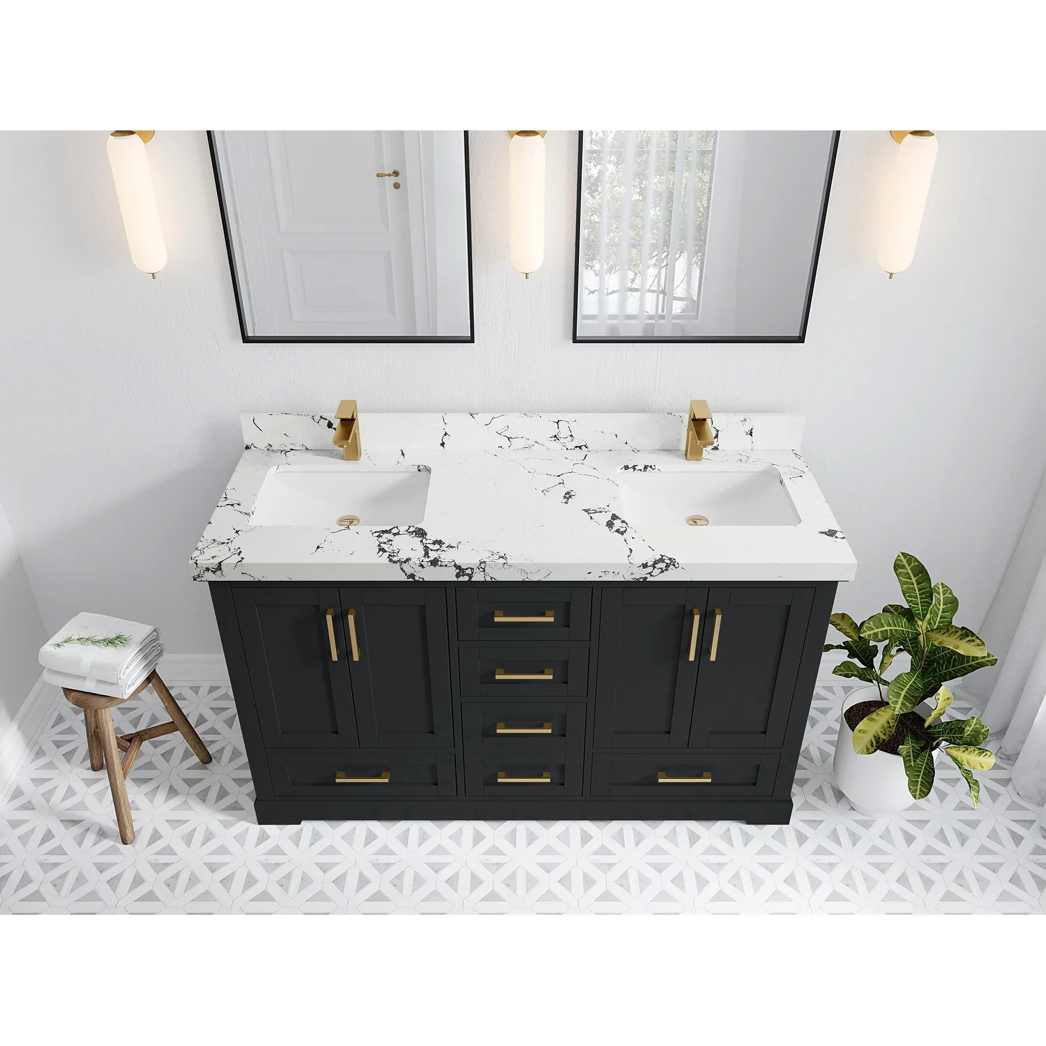 Willow Collection 60 in W x 22 in D x 36 in H Boston Double Bowl Sink Bathroom Vanity with Countertop